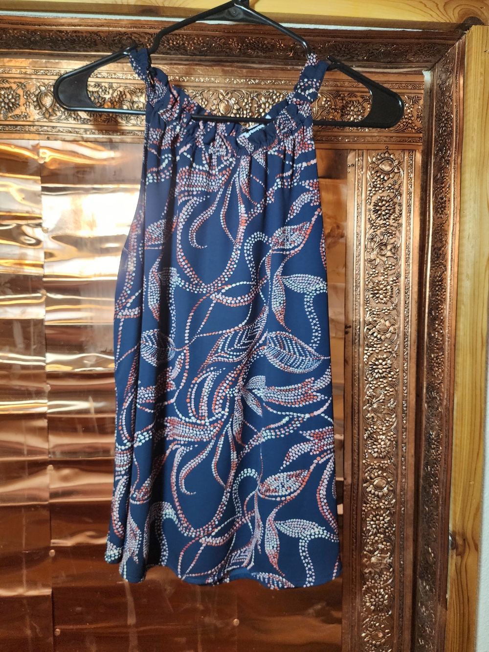 Veronica M Navy Top with Red & White Dot Motif